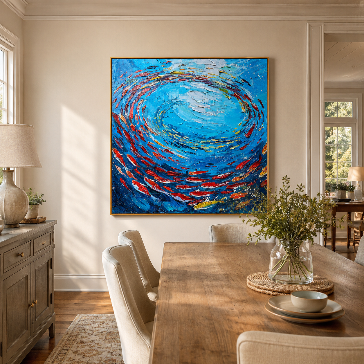 "Circling Abundance" – Blue Fish School Textured Oil Painting