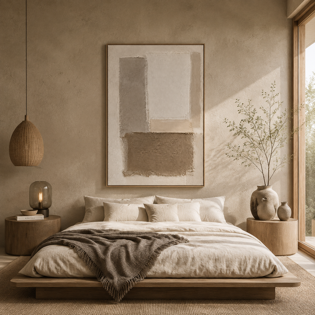 "Tranquil Foundations" – Wabi-Sabi Earth Tone Geometric Relief Painting