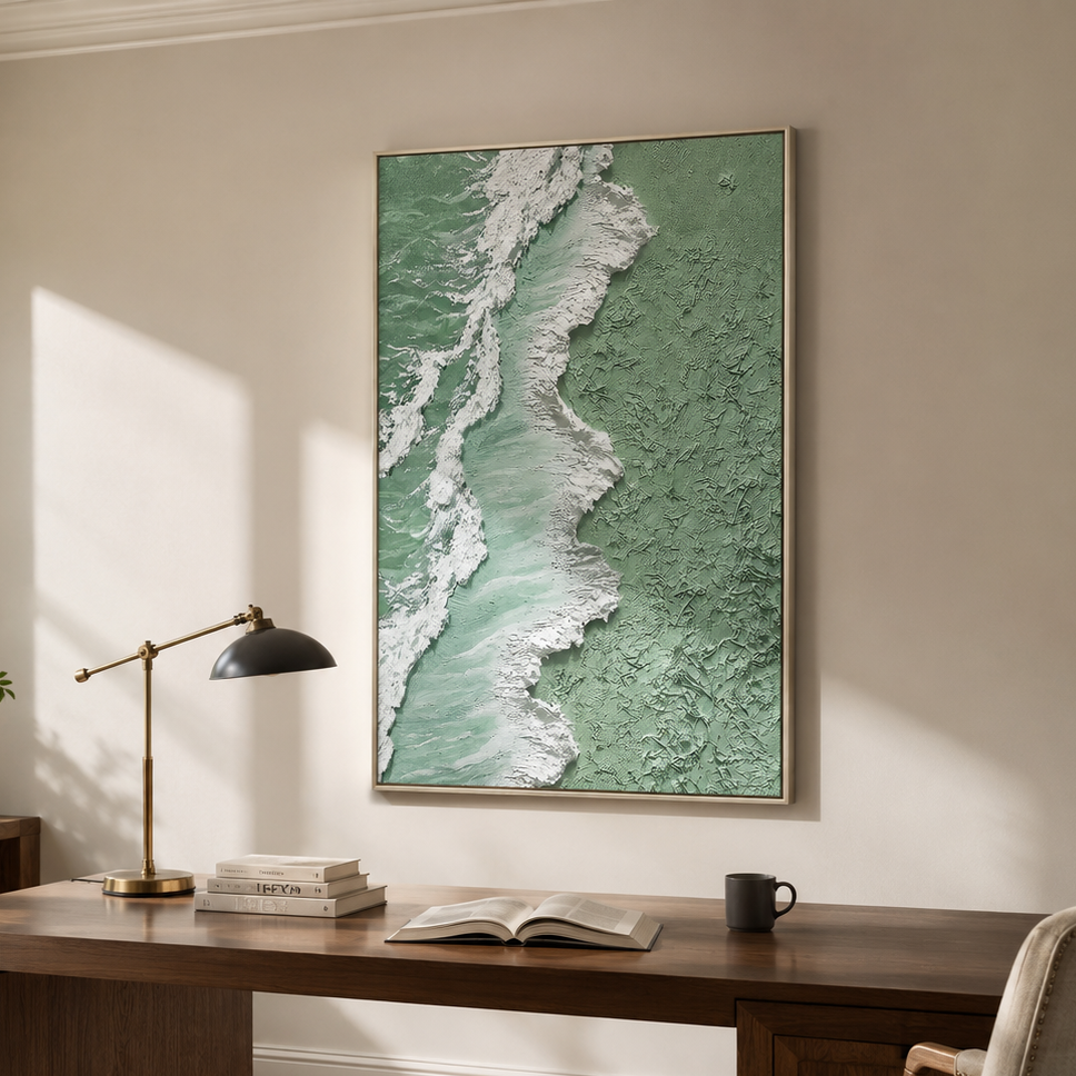 "Seafoam Shoreline" – Green Coastal Textured Abstract Painting