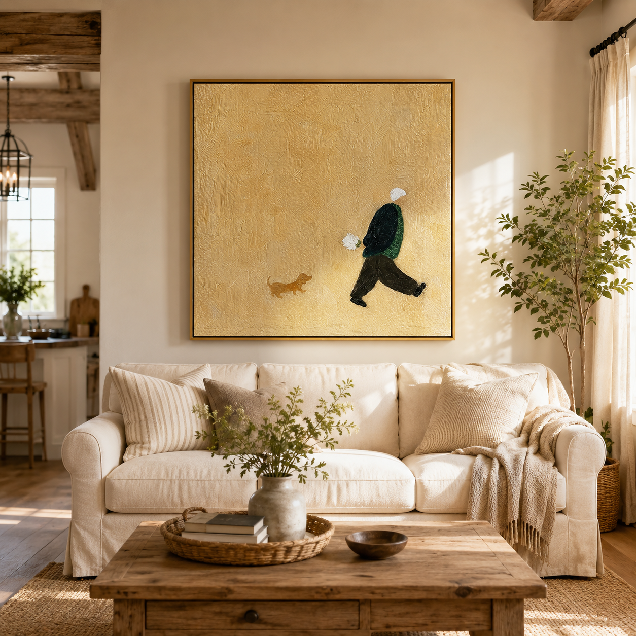 "Afternoon Walk" – Minimalist Figure and Dog Textured Painting