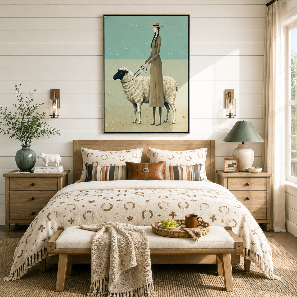 “Quiet Shepherdess” – Sage Green Pastoral Sheep Oil Painting