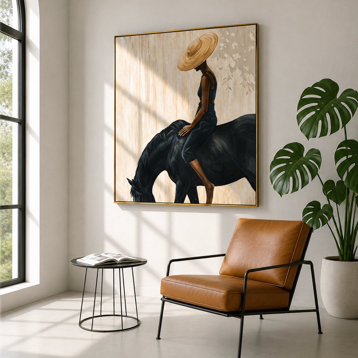 “Silent Ride” – Elegant Black Horse and Woman Oil Painting