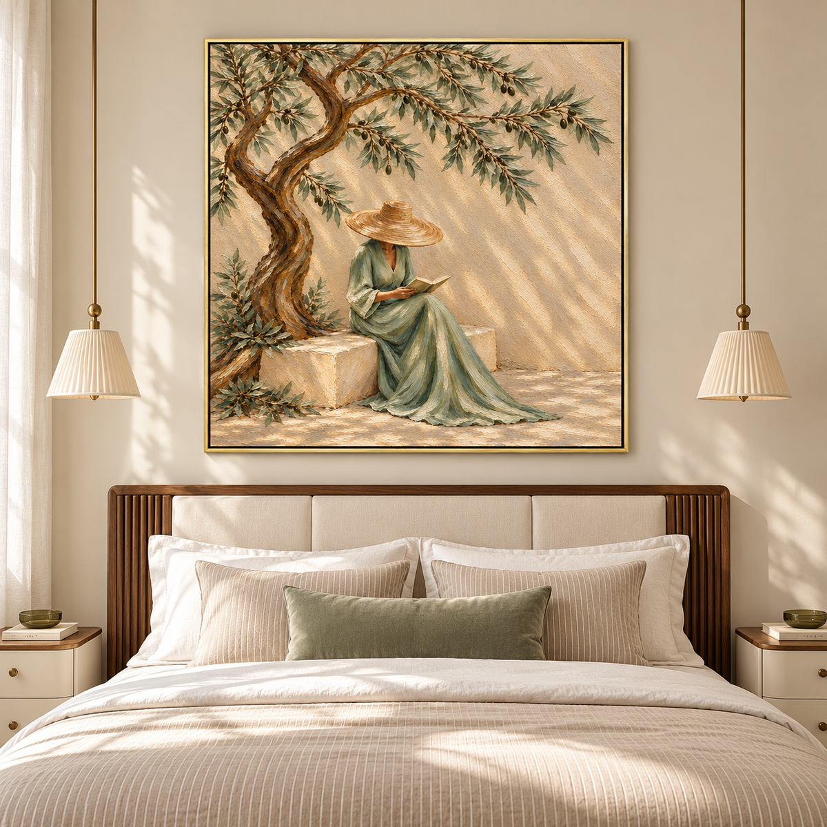 "Serenade in Olive Shade" – Mediterranean Wabi-Sabi Sage Green Lady Reading Textured Acrylic Painting