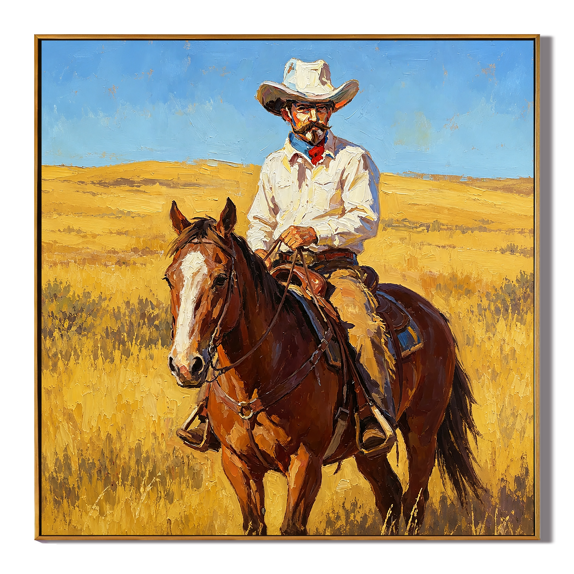 "Prairie Rider" – Western Cowboy Horse Oil Painting in Golden Grassland