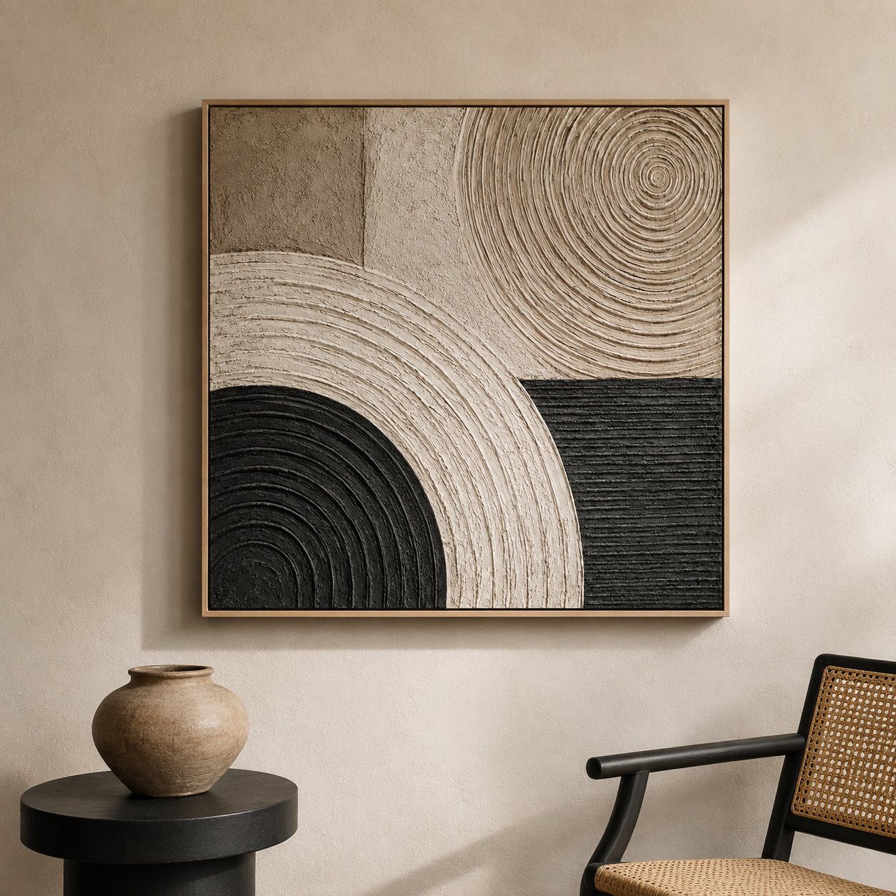 "Whispers of Cycles" – Wabi-Sabi Beige & Charcoal Textured Acrylic Painting