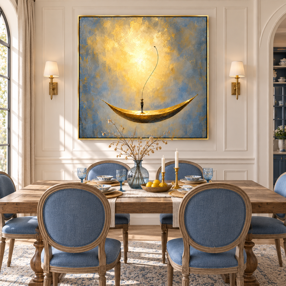 "Voyage of Serenity" – Wabi-Sabi Gold and Grey Abstract Solitary Figure Painting