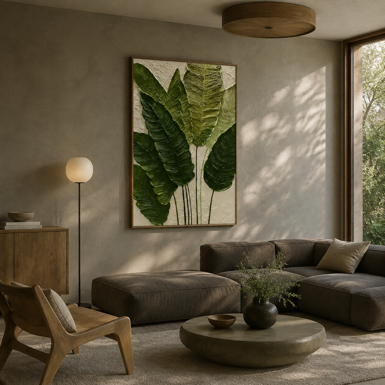 "Verdant Echoes" – Modern Tropical Green Leaf Textured Acrylic Painting