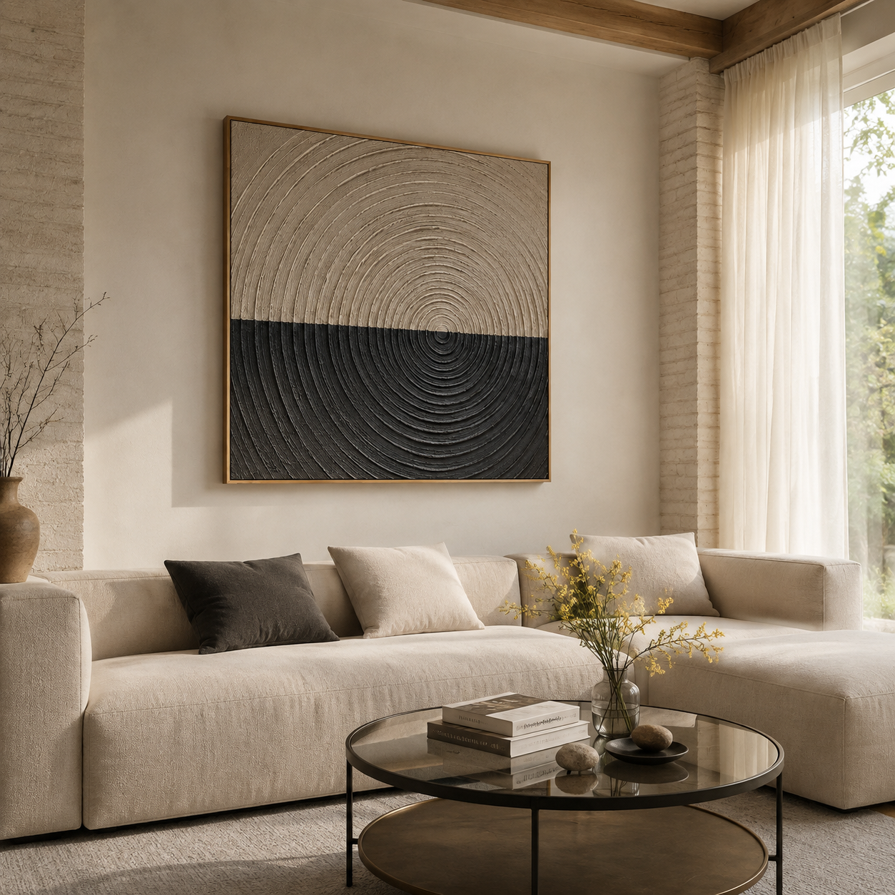 "Whispers of Time" – Wabi-Sabi Beige & Black Concentric Textured Acrylic Canvas