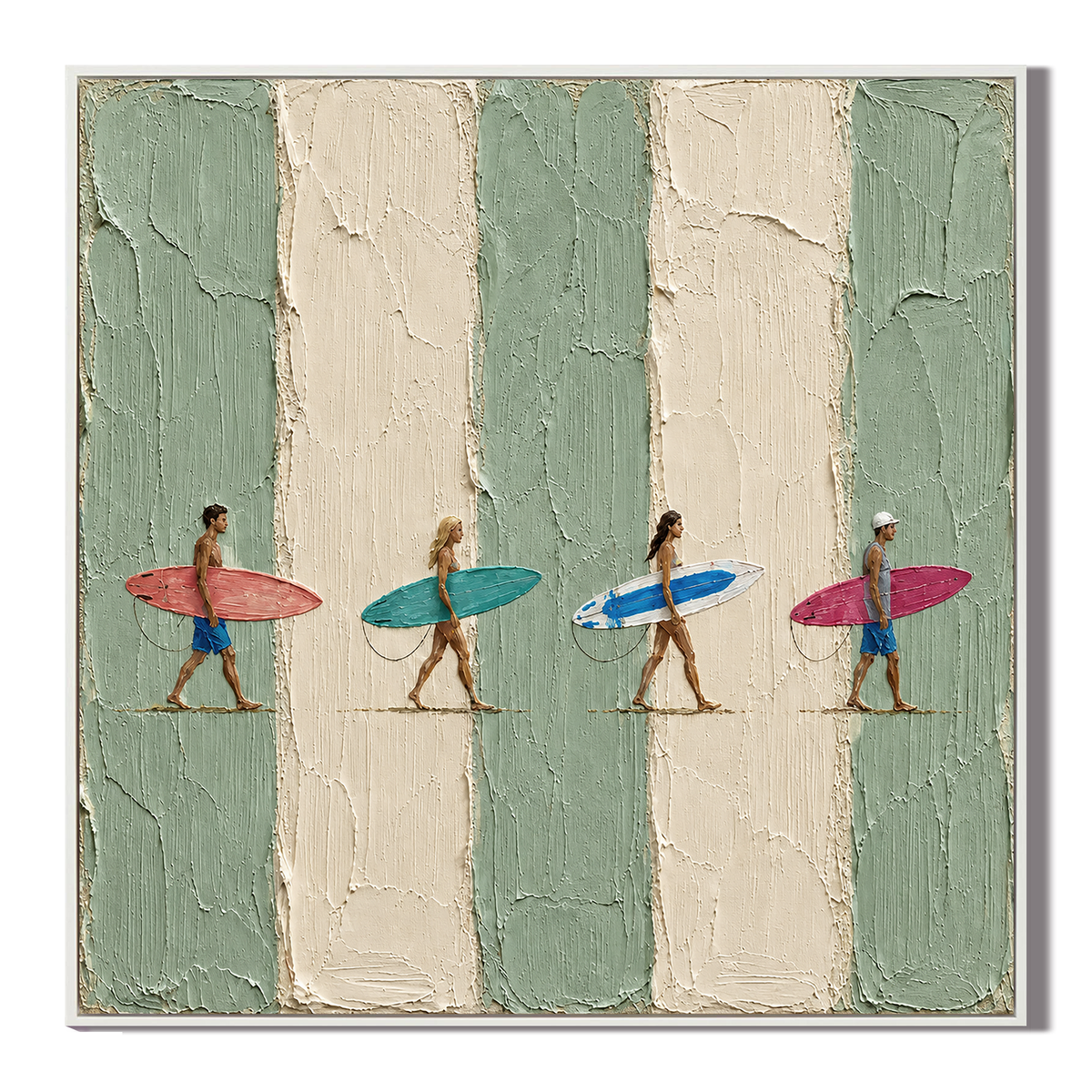 "Endless Summer Drift" – Coastal Surfers Sage Green Striped Impasto Oil Painting
