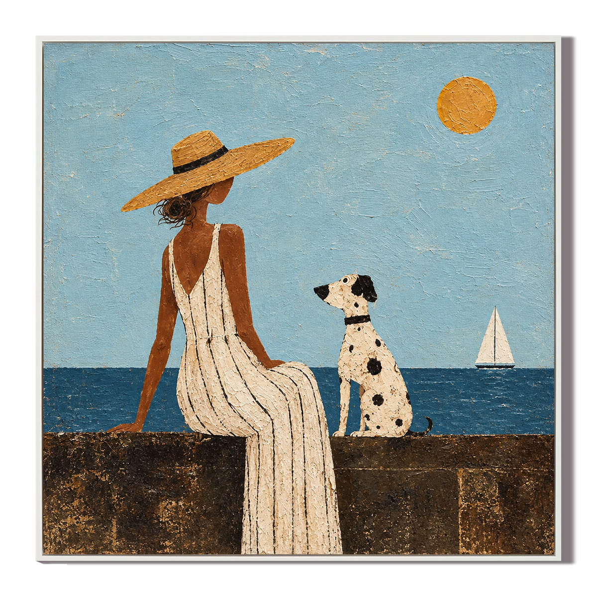 "Seaside Companionship" – Mediterranean Retro Coastal Lady and Dog Textured Oil Painting