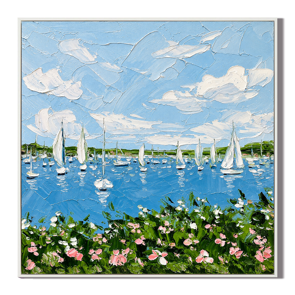 "Azure Harbor Breezes" – Coastal Sailboat Ocean Textured Impasto Oil Painting
