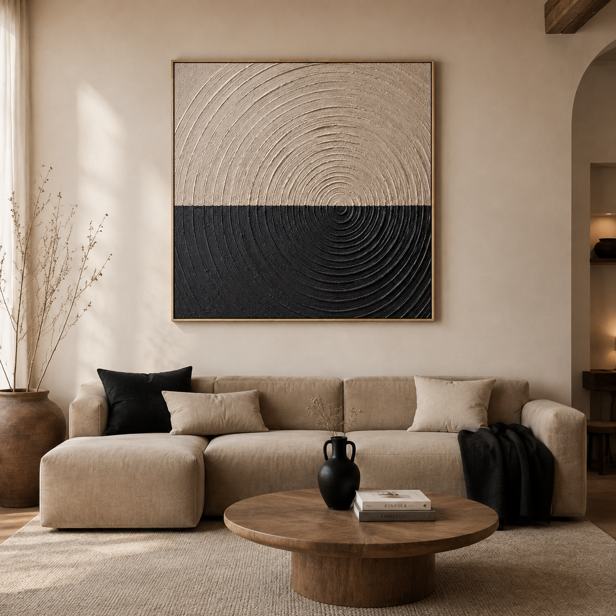 "Whispers of Time" – Wabi-Sabi Beige & Black Concentric Textured Acrylic Canvas