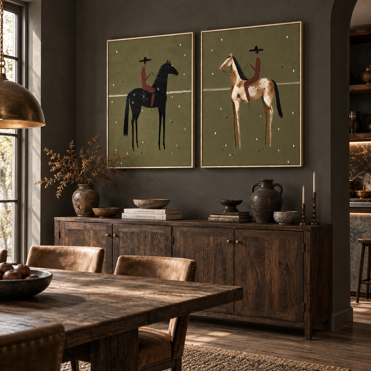 "Twilight Riders of the Frontier" – Western Desert Diptych Oil Painting Set