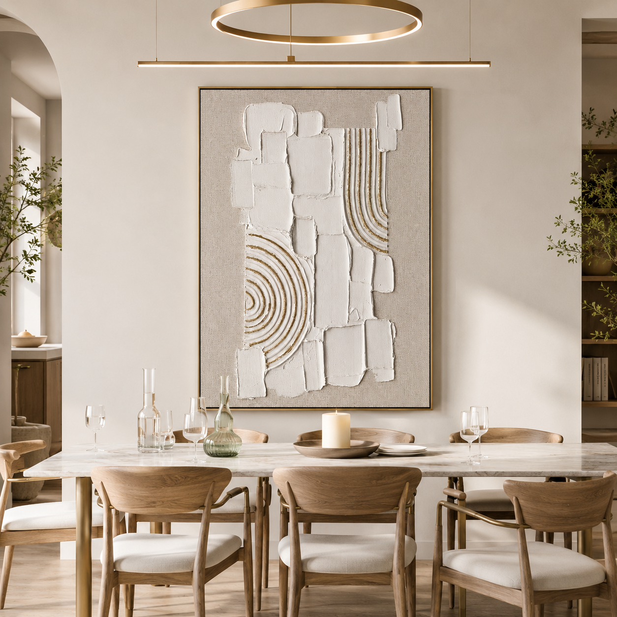 "Gilded Stillness" – Wabi Sabi White Geometric Textured Painting