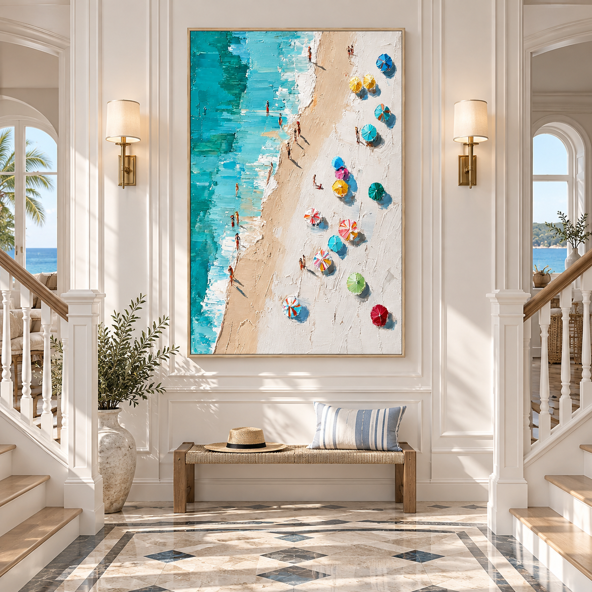 "Azure Haven" – Aerial Beach Parasol Impressionist Textured Oil Painting