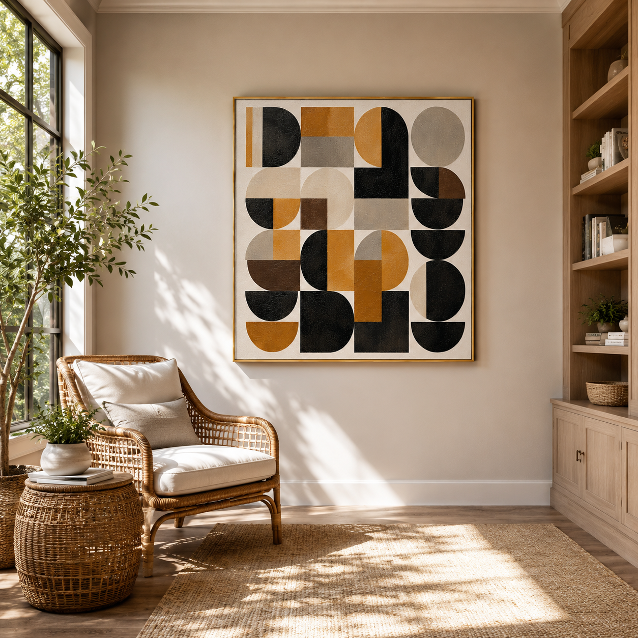 "Retro Geometry" – Bauhaus Black Mustard Abstract Painting