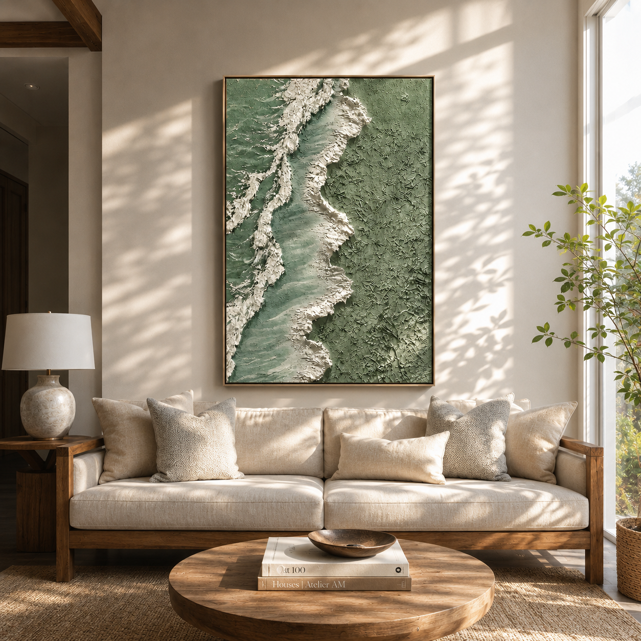 "Seafoam Shoreline" – Green Coastal Textured Abstract Painting