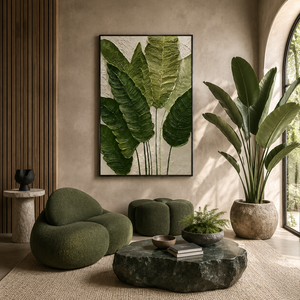 "Verdant Echoes" – Modern Tropical Green Leaf Textured Acrylic Painting