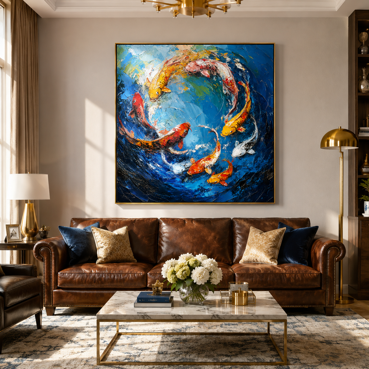"Prosperity Current" – Colorful Koi Fish Textured Oil Painting