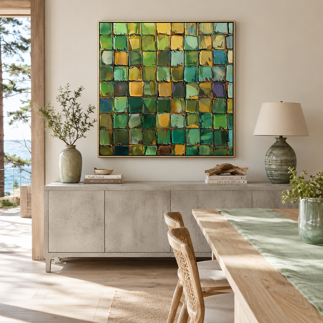 "Verdant Mosaic" – Green Gold Textured Abstract Painting