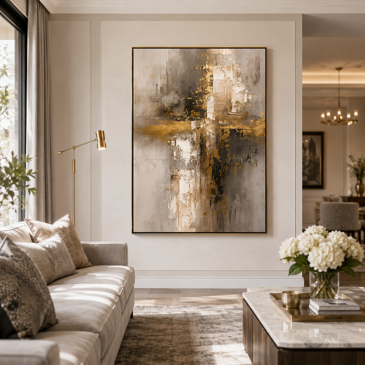 "Gilded Skyline" – Gold Gray Industrial Textured Abstract Painting