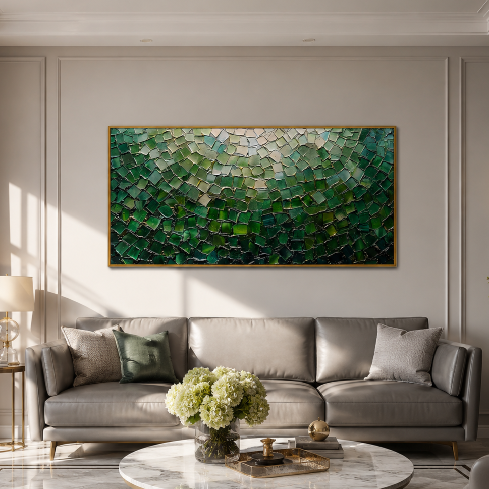 “Emerald Mosaic Light” – Green Abstract Impasto Oil Painting