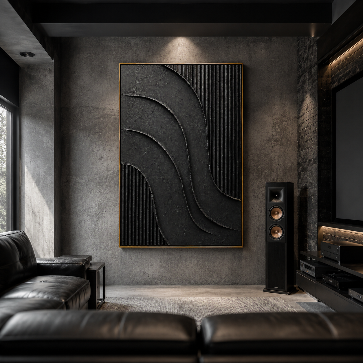 "Noir Current" – Black Wabi Sabi Abstract Textured Wall Art