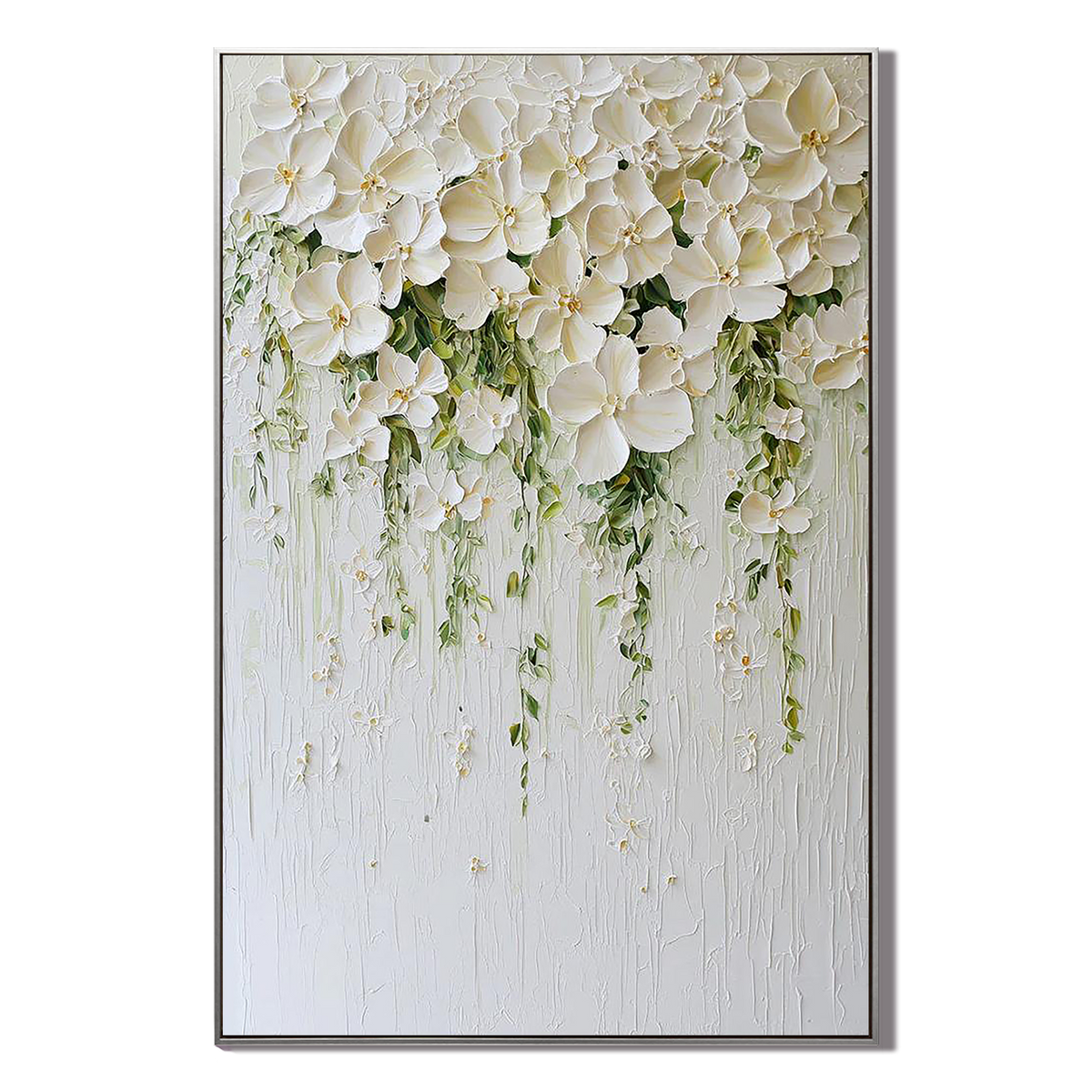 "Romantic Waterfall – Textured Impasto White Floral Modern Acrylic Painting