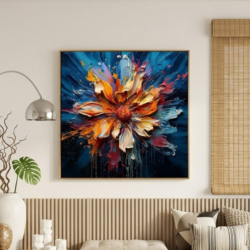 "Radiant Bloom" – Orange Blue Floral Textured Oil Painting