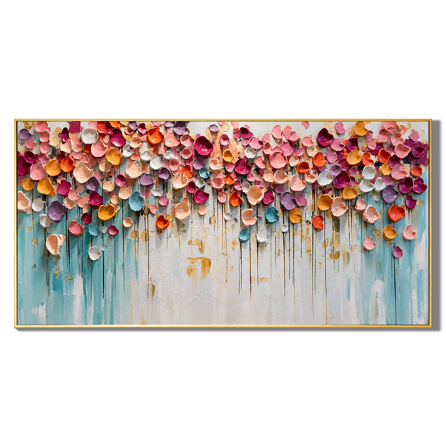 “Petals of Celebration” – Colorful Impasto Floral Panoramic Hand-Painted Canvas Art