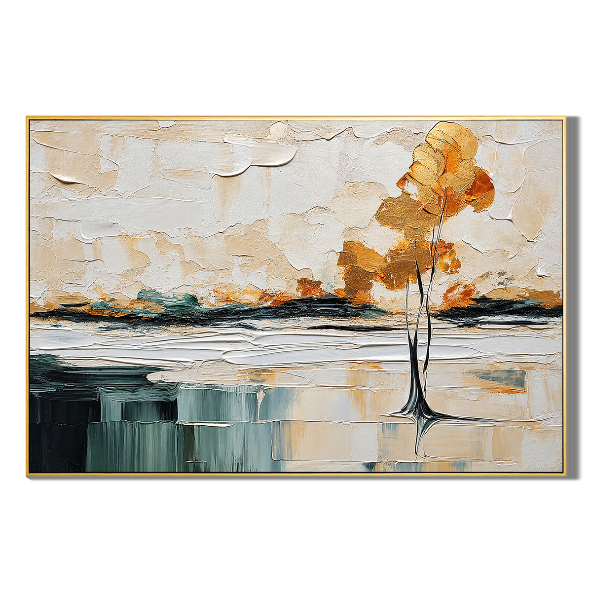 "Golden Solitude" – Impressionist Gold Leaf Birch Tree Textured Acrylic Painting