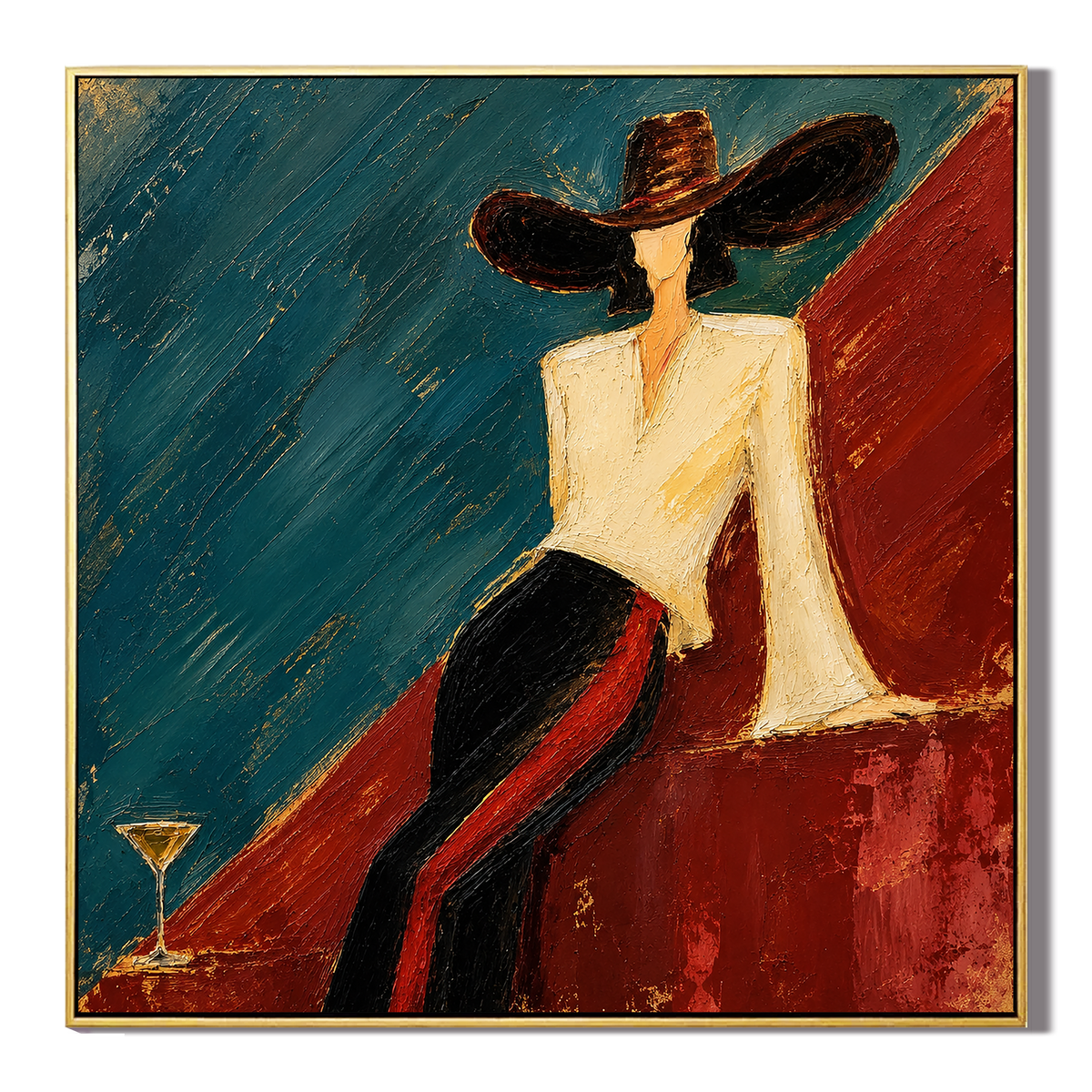 "Azure Noir" – Textured Chic Figure with Hat Palette Knife Oil Painting