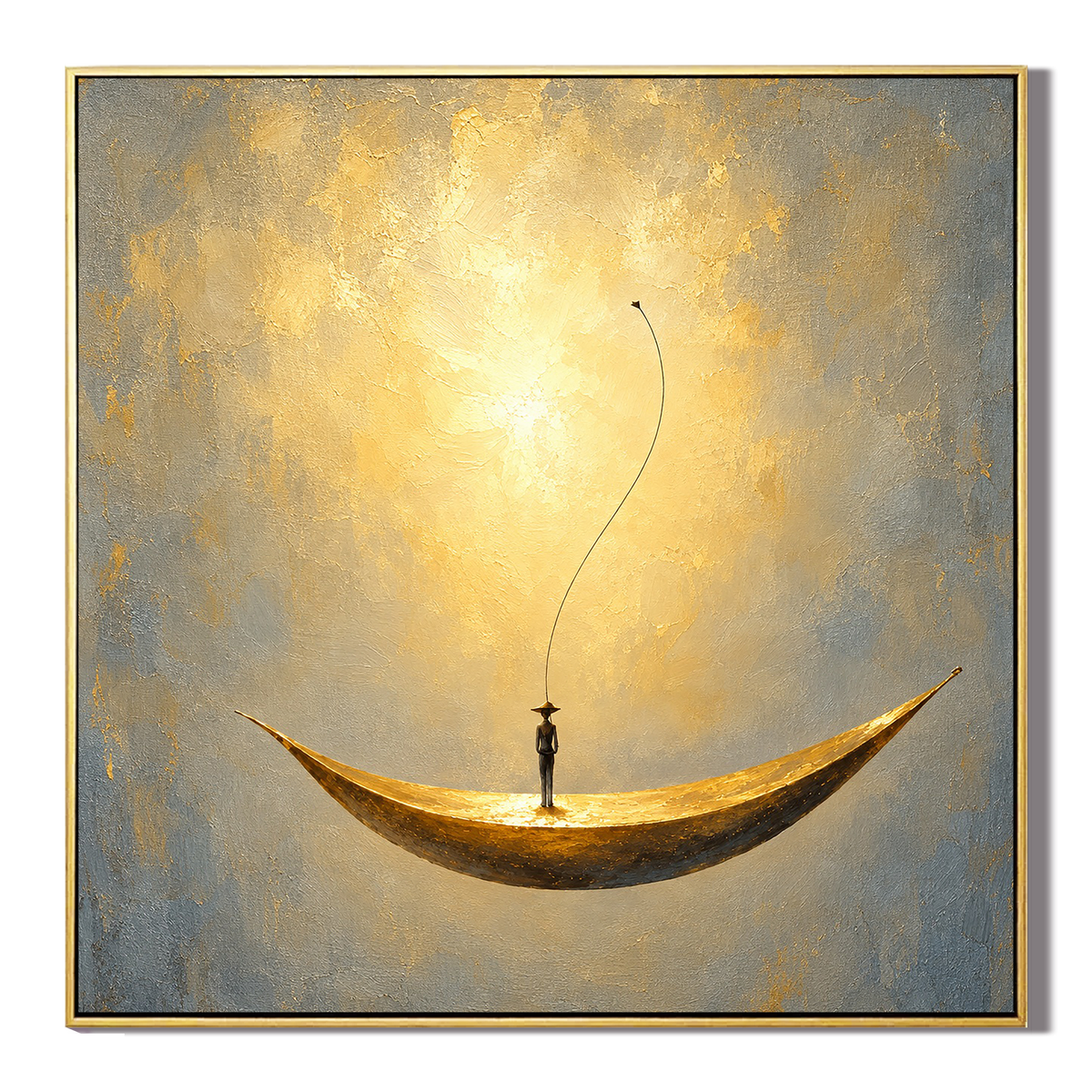 "Voyage of Serenity" – Wabi-Sabi Gold and Grey Abstract Solitary Figure Painting