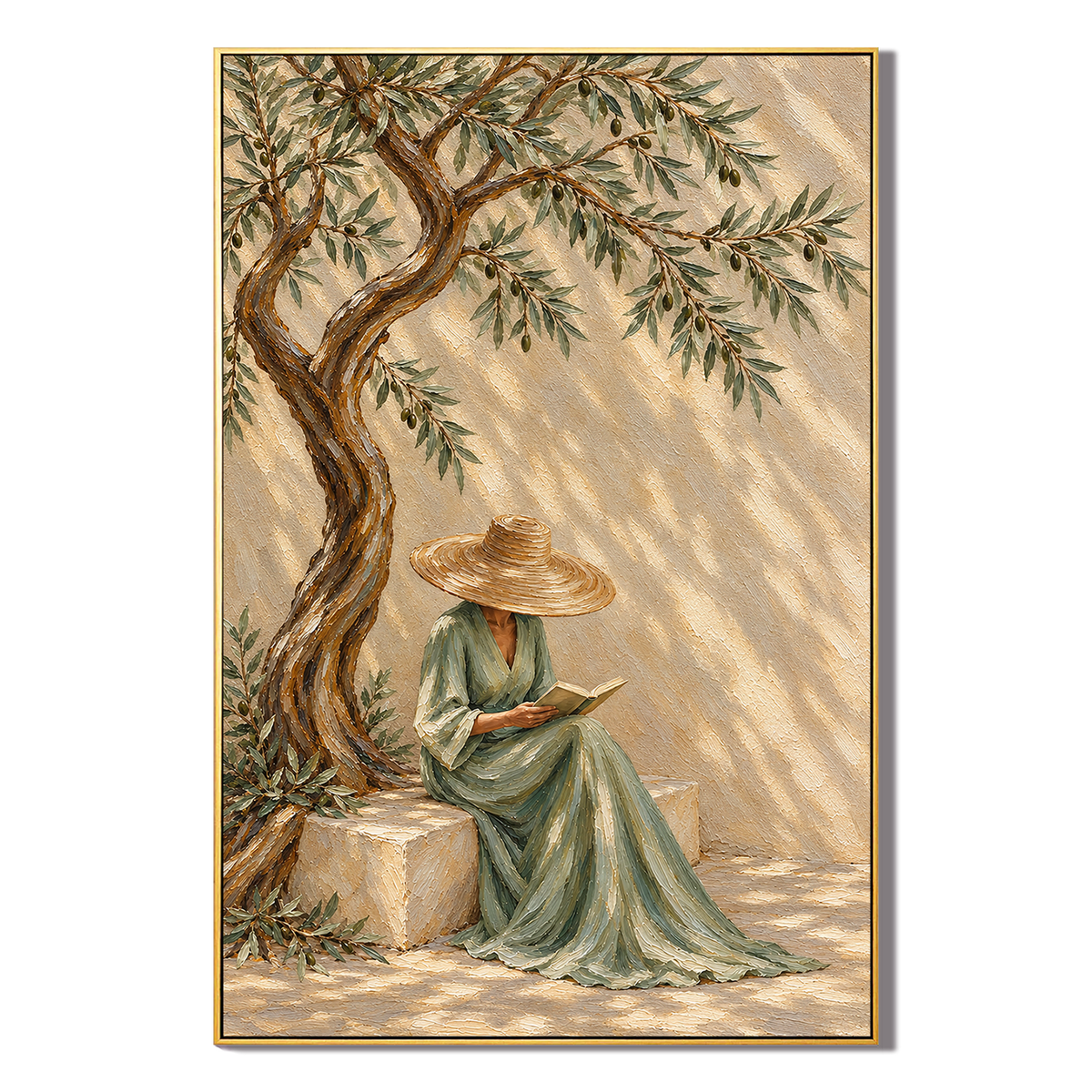 Serenade in Olive Shade" – Mediterranean Wabi-Sabi Sage Green Lady Reading Textured Acrylic Painting