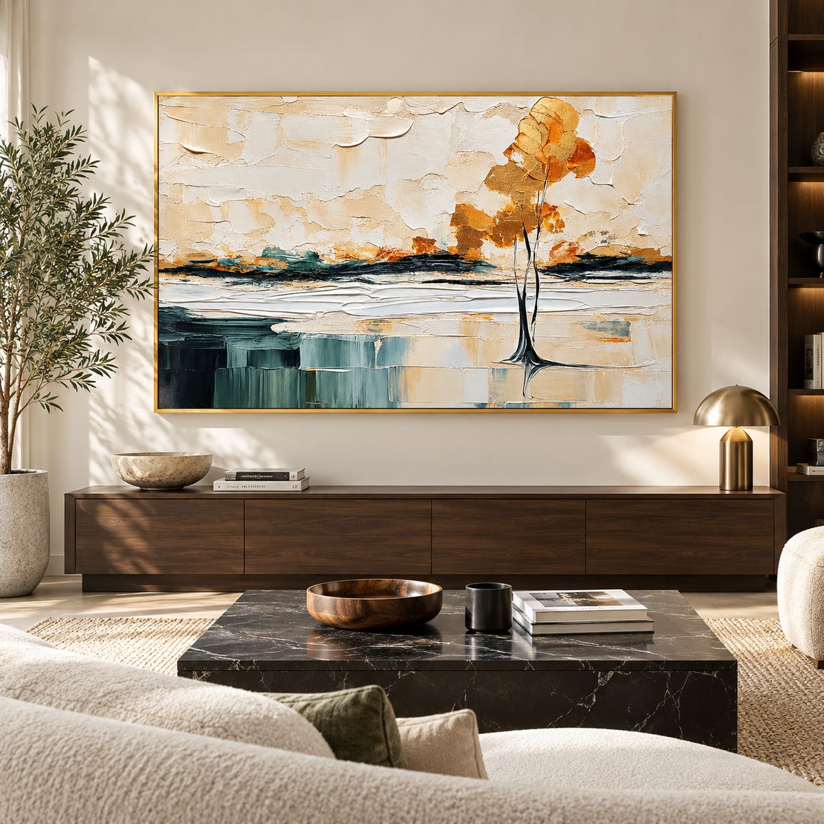 "Golden Solitude" – Impressionist Gold Leaf Birch Tree Textured Acrylic Painting