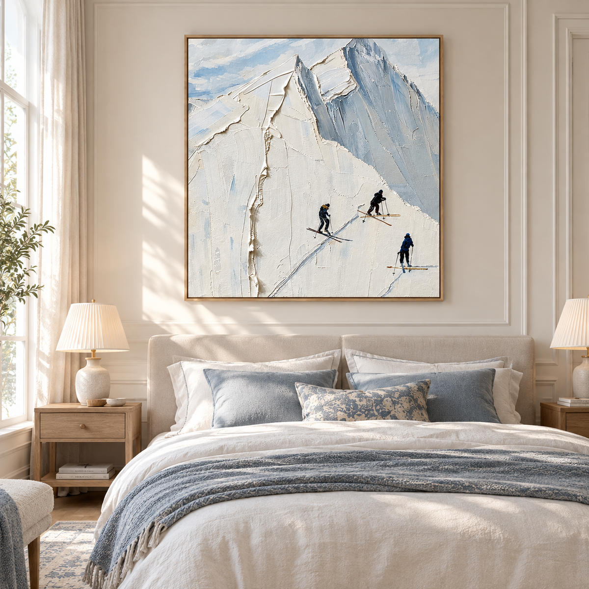 "Alpine Silence" – Minimalist Textured Mountain Skiing Impasto Canvas Oil Painting