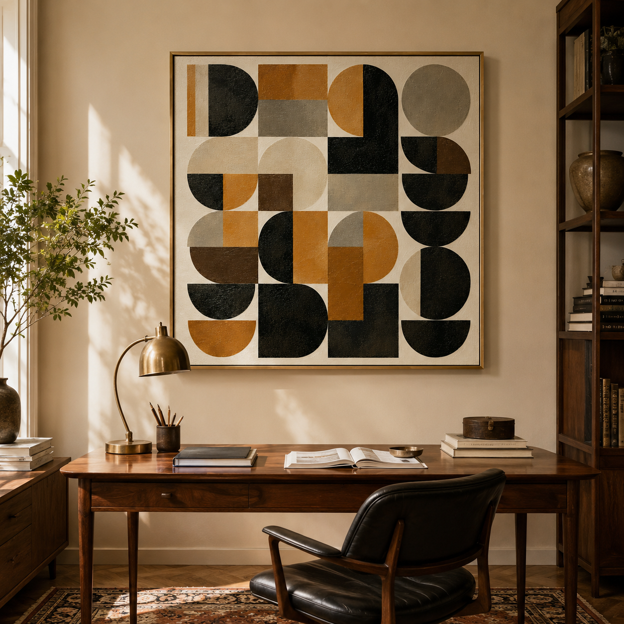 "Retro Geometry" – Bauhaus Black Mustard Abstract Painting