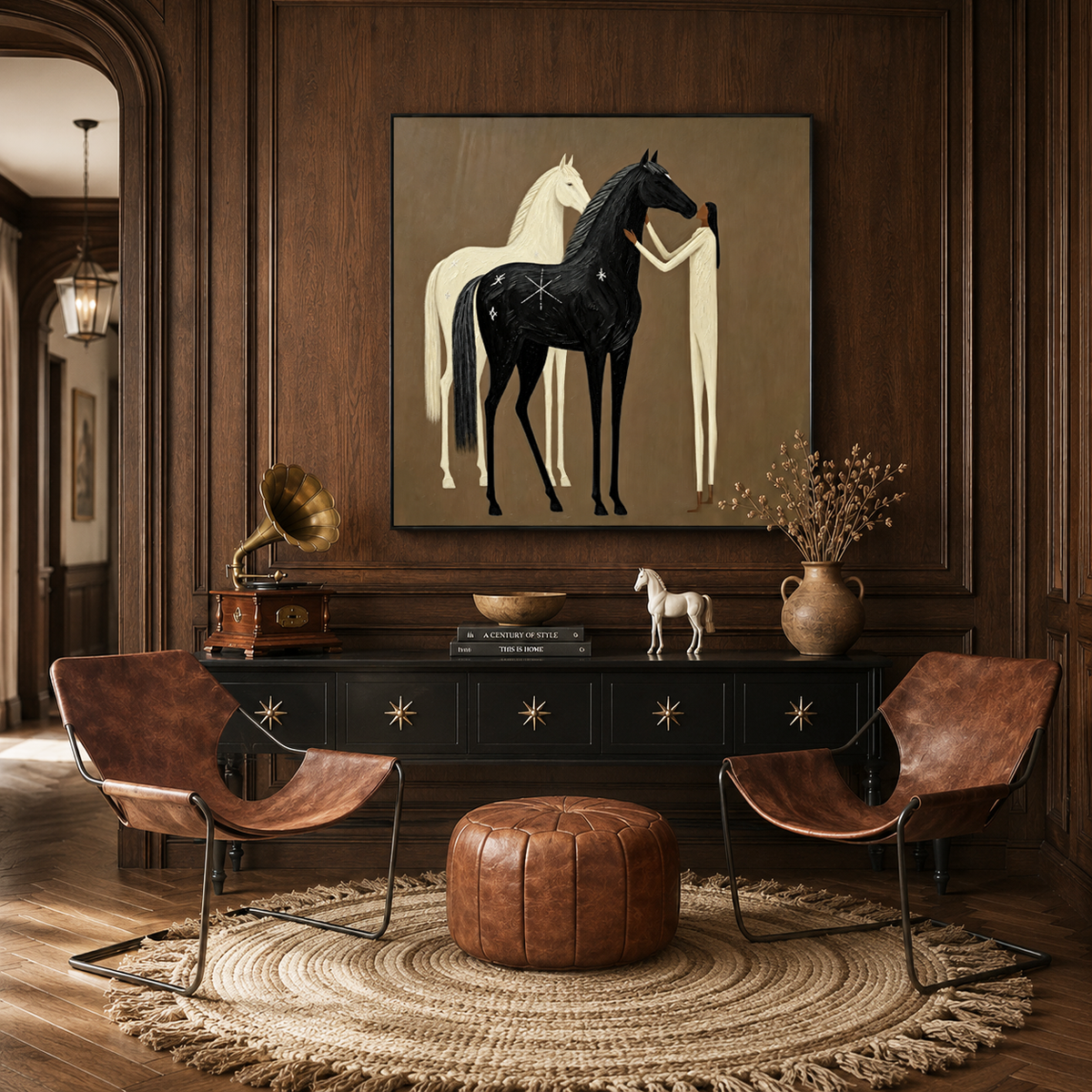 Moonlit Companions – Boho Folk Black and White Horse Oil Painting