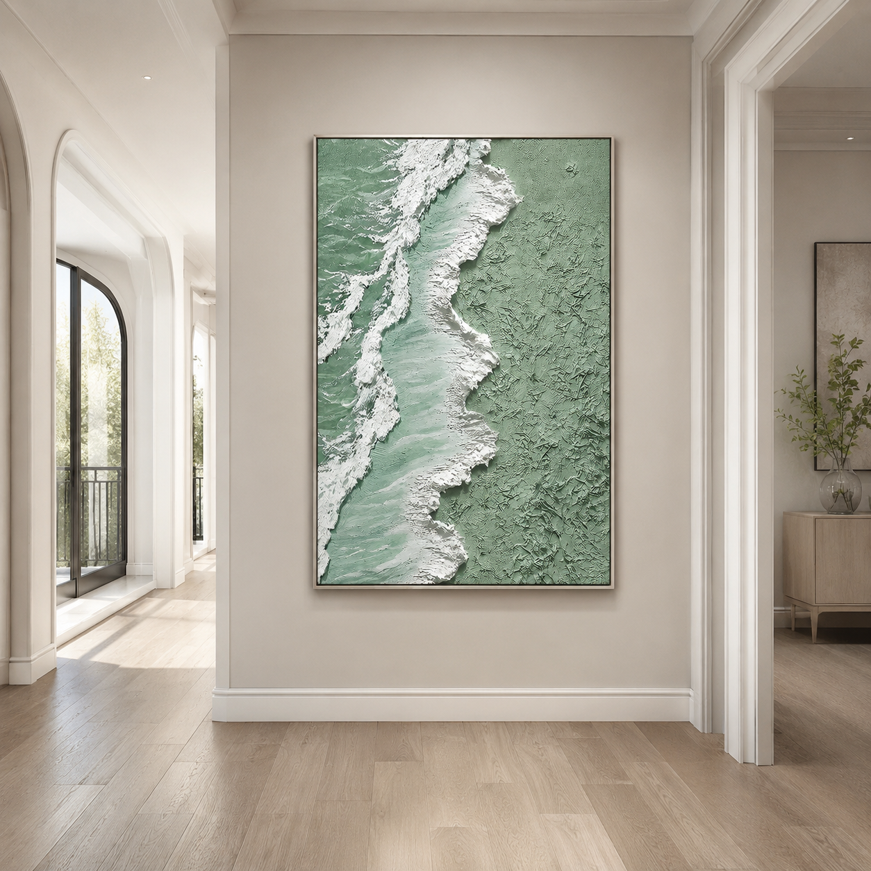 "Seafoam Shoreline" – Green Coastal Textured Abstract Painting