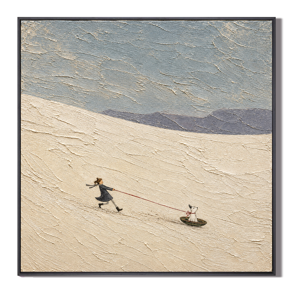 "Winter Companions" – Whimsical Girl & Dog Snow Scene Textured Acrylic Painting
