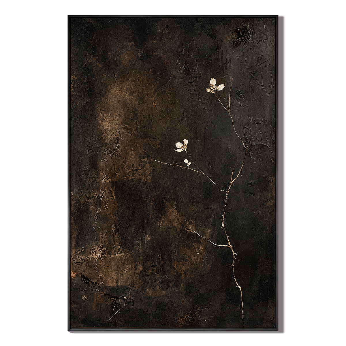 "Midnight Blossom" – Wabi-Sabi Minimalist Dark Floral Impasto Oil Painting