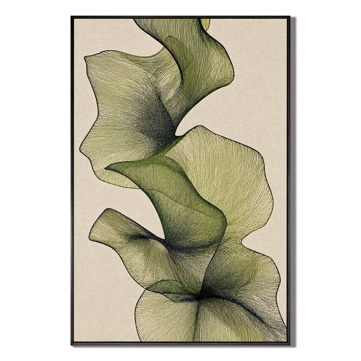 "Verdant Flow" – Japandi Style Minimalist Olive Green Line Art Canvas Painting