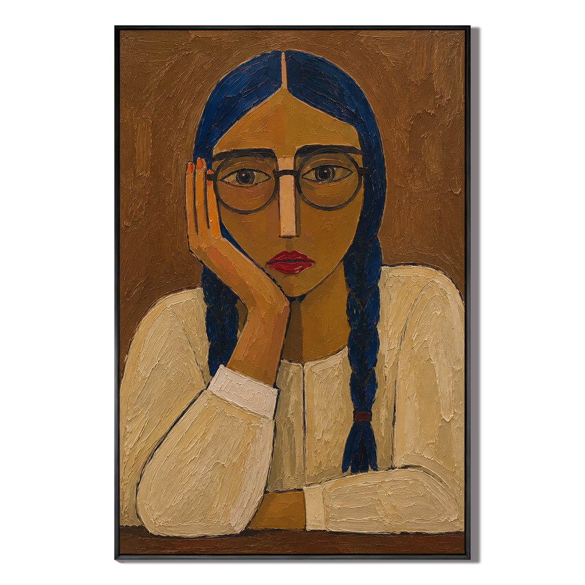 "The Quiet Thinker" – Textured Modern Blue & Earth Tone Portrait Oil Painting