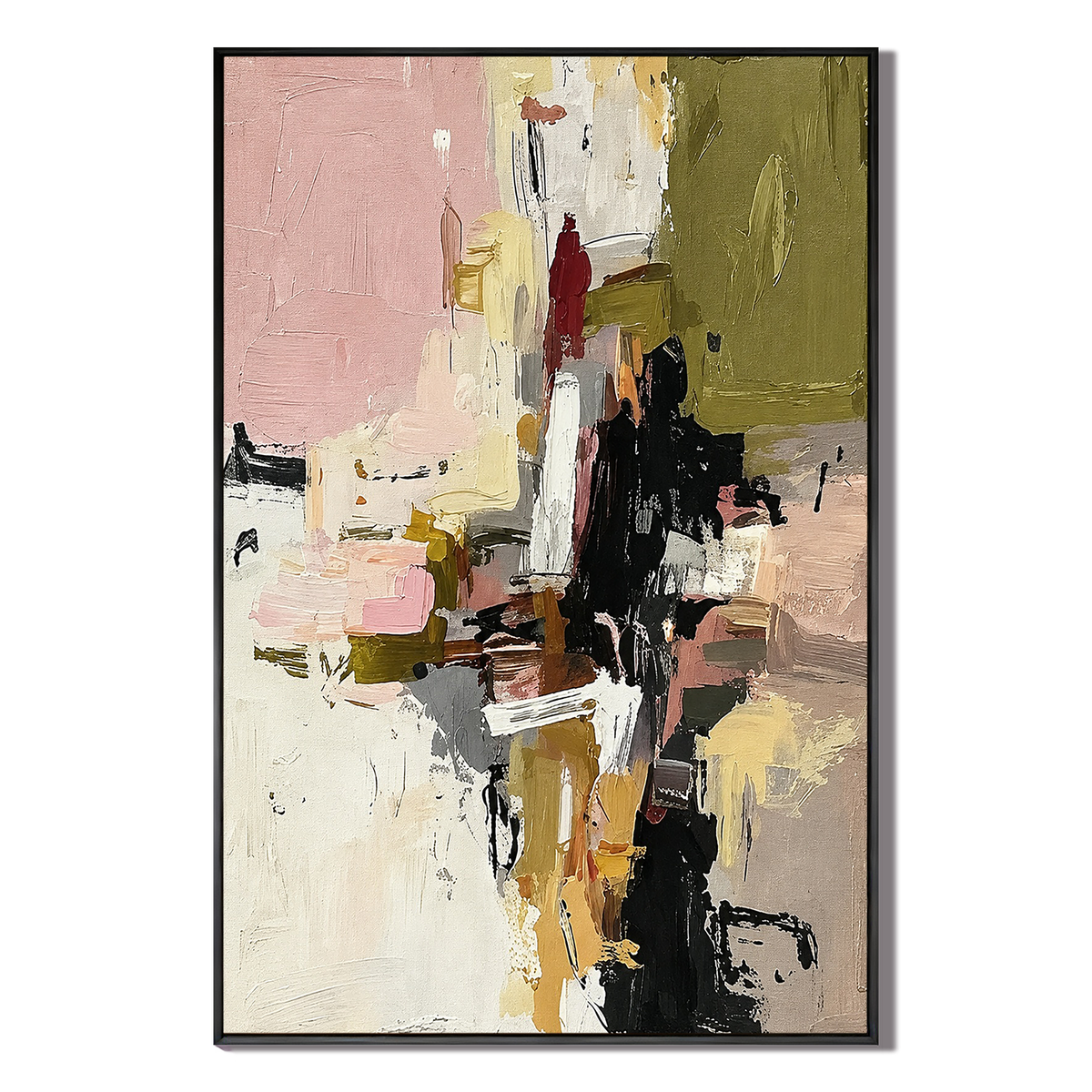 "Silent Momentum" – Modern Abstract Expressionist Pink & Olive Acrylic Painting