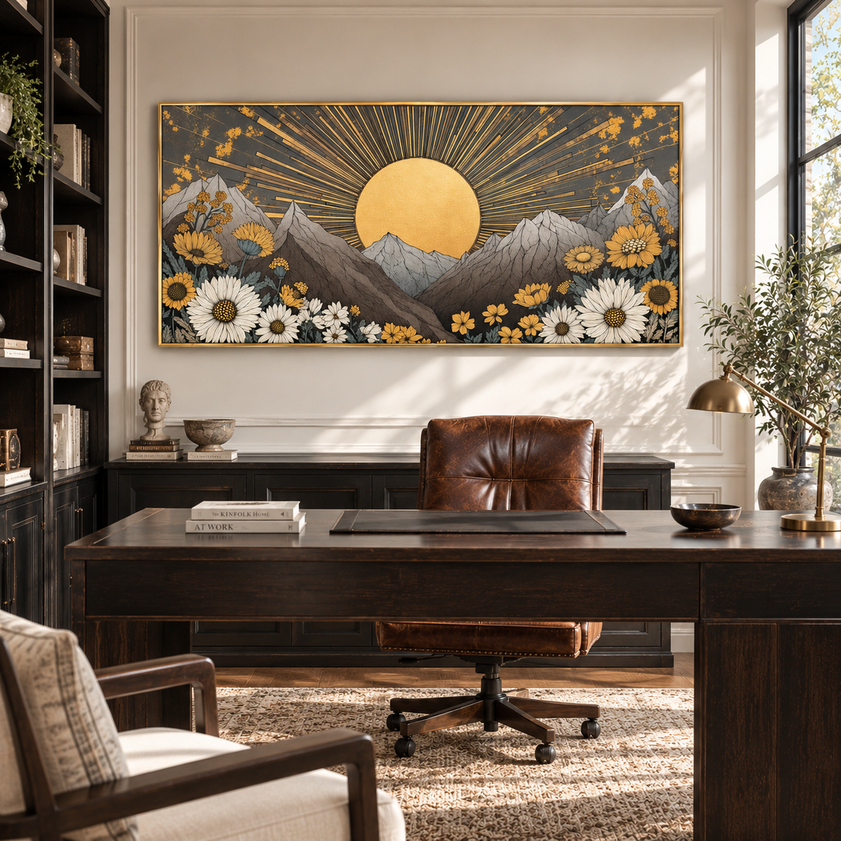 "Golden Meridian" – Art Deco Mountain Sunrise Hand-Painted Oil Painting