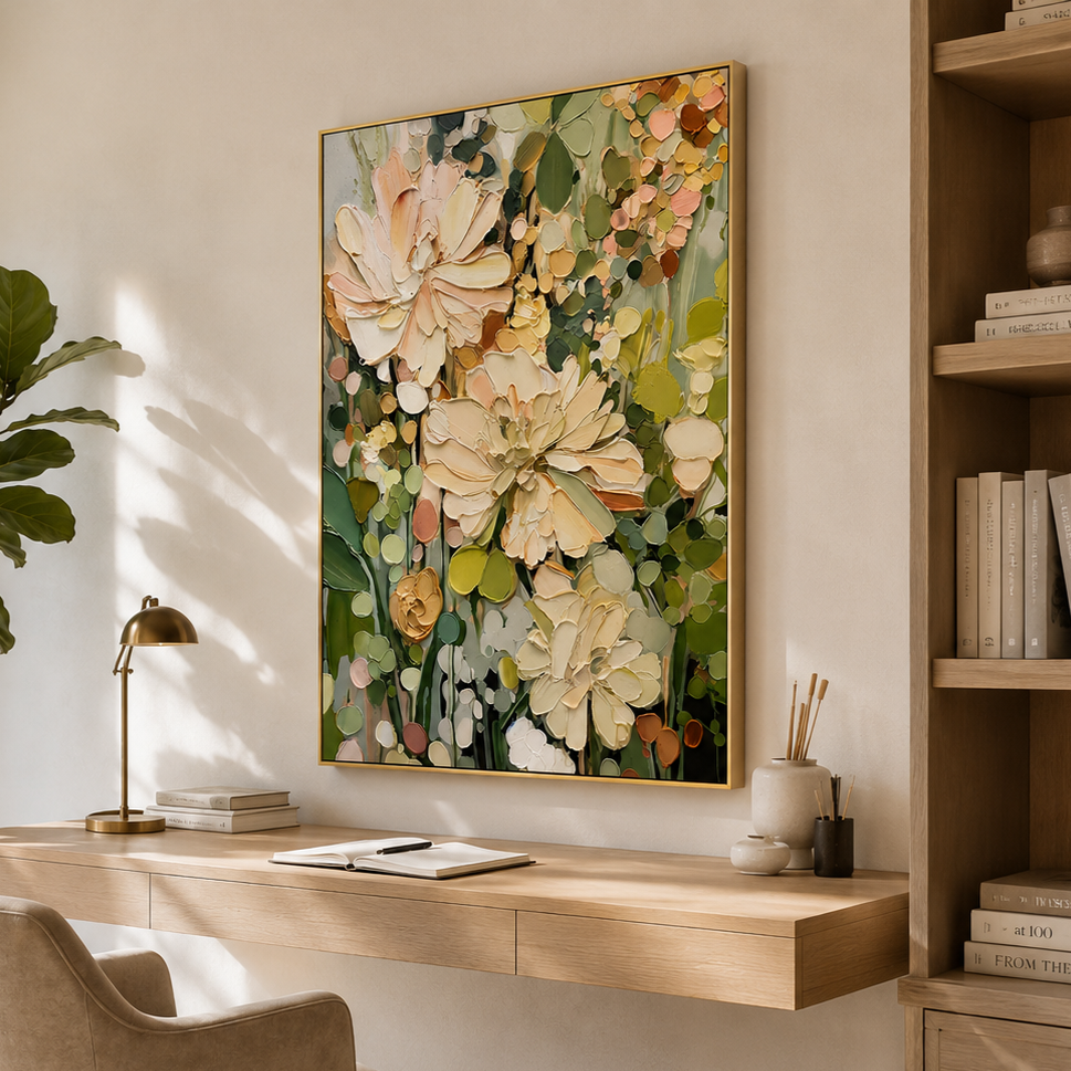 "Blossom Reverie" – Textured Floral Oil Painting in Soft Pink and Green