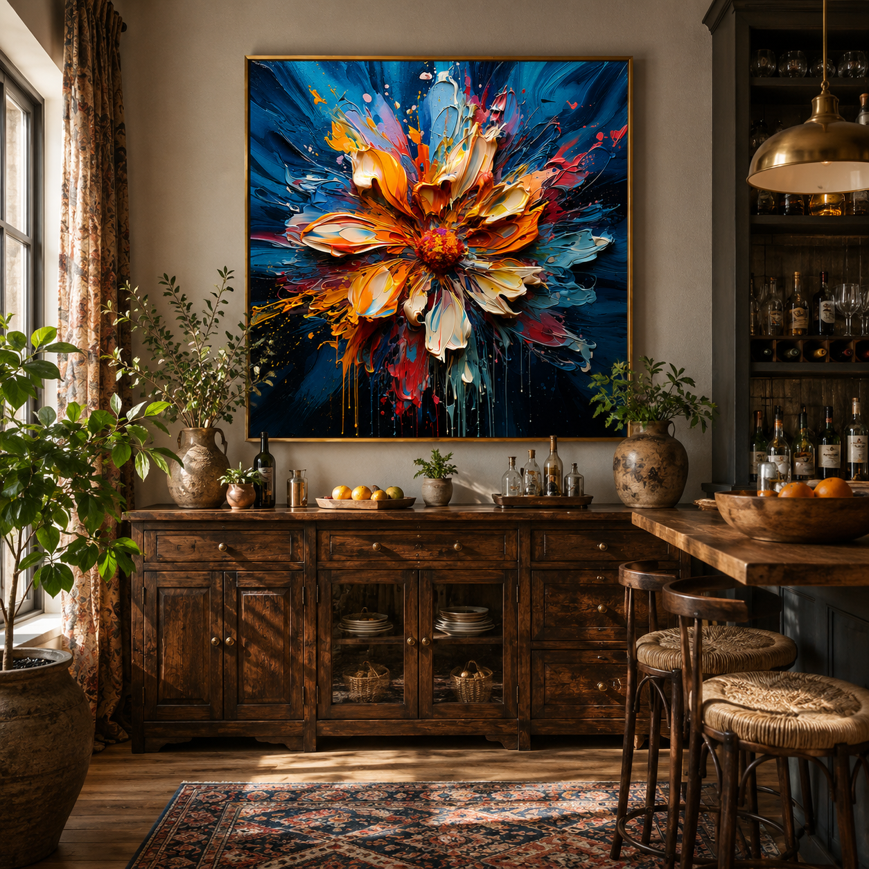 "Radiant Bloom" – Orange Blue Floral Textured Oil Painting