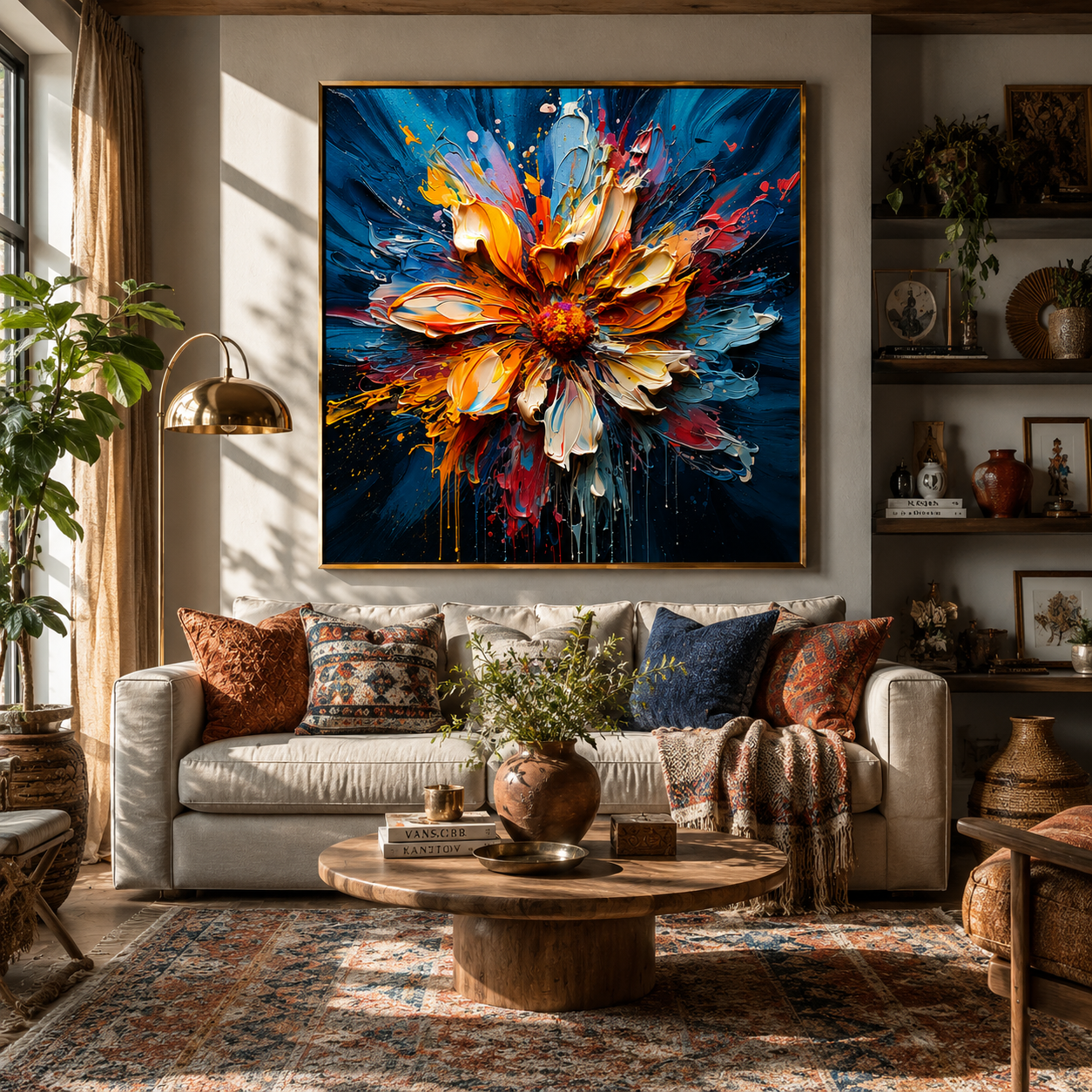 "Radiant Bloom" – Orange Blue Floral Textured Oil Painting