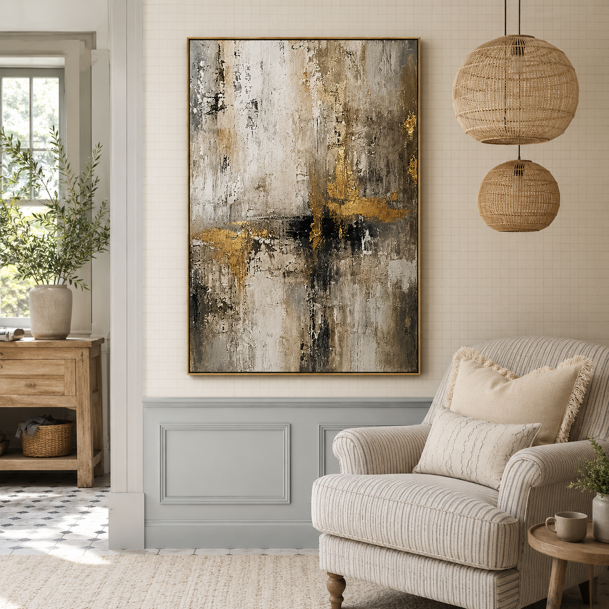 "Gilded Ruins" – Industrial Gold Gray Textured Abstract Painting