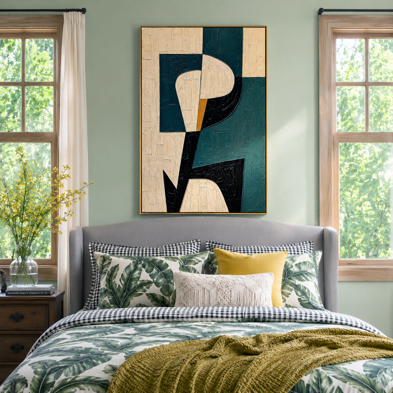 "Modern Muse" – Teal Black Geometric Figure Abstract Painting